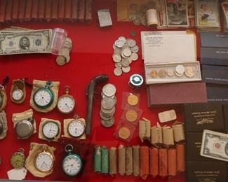 Morgan Dollars, Liberty Half dollars, buffalo nickels, Kennedy half dollars, liberty quarters, American mint proof sets and vintage paper currency, commemorative coins. Additional rolls of vintage silver coins and 2 gold K-rands and 1 gold Maple Leaf