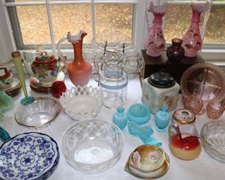 Select quantities of antique satin glass, Bohemian glass, depression glass, carnival glass, transferware, pressed, molded, and cut glass. Retro and midcentury glassware, barware, housewares, and art glass. 