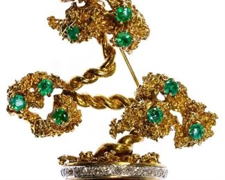 La Triomphe 18k Gold Emerald and Diamond Bonsai Tree Brooch