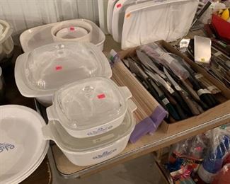 Corning ware baking dishes, knives and other utensils,