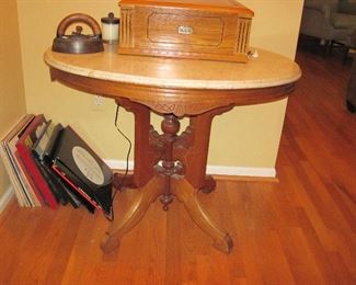 Vintage Marble Top Table, Record Player, Records