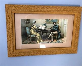 Music room scene 1800 s print with ornate frame   