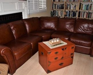 . Pebble Grain Leather 3 piece Curved Sectional Sofa and China Red Storage style Chest