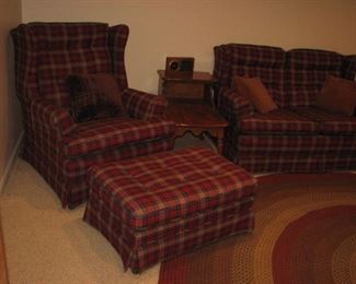 Plaid wing chair with ottoman