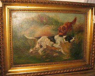 Antique original oil painting, pointer dogs, signed