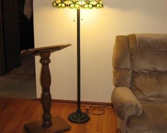 Floor lamp with stained glass shade, pedestal book stand