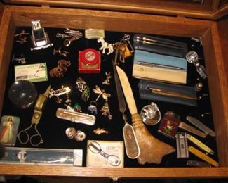 Vintage pens, skeleton keys, vintage pocket knives and lighters,  vintage jewelry,  vintage tie clasps & cuff links