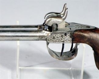 Double Barrel Percussion Cap Black Powder Pistol, Unknown Caliber, Embossed Scroll Work, Double Triggers