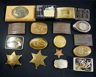 Collection Of Belt Buckles And Badges, Includes Civil War Replica Buckles, NRA, Smith & Wesson, Wells Fargo, Texas Rangers And Military Insignia