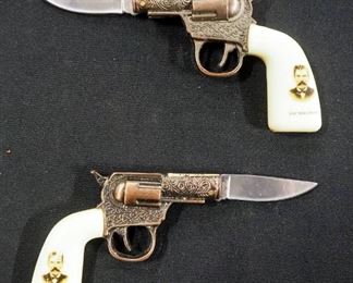 heath Knife Embossed J. Bowie 9" OL With Leather Sheath And 2 Doc Holliday Folding Knives With Revolver Shaped Handles