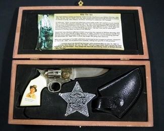 Billy The Kid Folding Knife With Revolver Styled Handled, 7.5" OL, With Sheath And Sheriff Badge In Wood Case