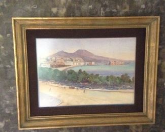 Framed print of Gulf of Naples, Italy, with Mt. Vesuvius in background.