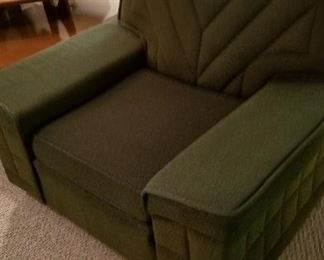 View of one of pair modern chairs with original fabric from 1964