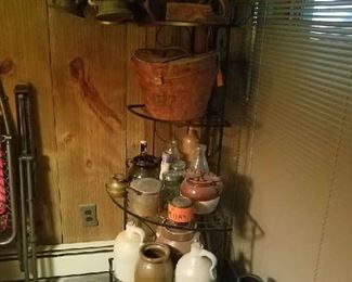 More crocks, lanterns, Leather hat box