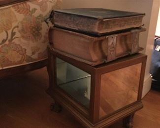 Unusual mirrored table and two antique Books