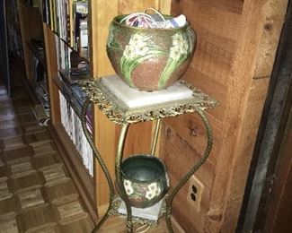 Brass and Onyx Table with Roseville Planters