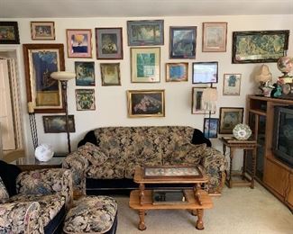 antique prints, floor lamps, art deco sofa set, coffee table, oils lamps, tables lamps