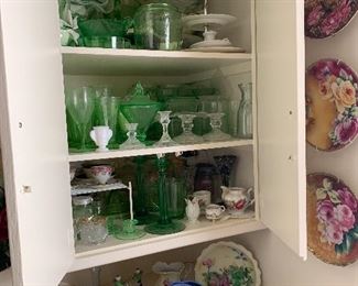 antique green glassware, dish sets