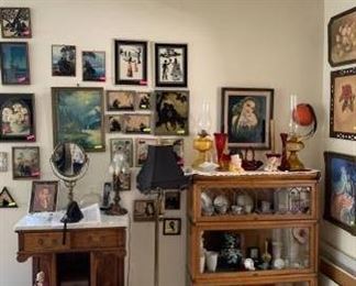 Globe bookshelf (stackable) , sillouettes, prints, carved wood entryway piece, floor lamp, oil lamps