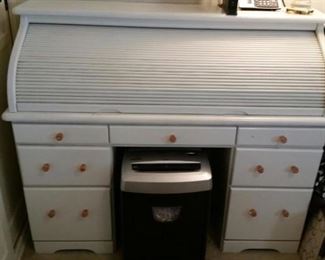 antique roll top desk painted white with pink crystal knobs
