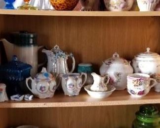 antique glassware, china, cookie jars, tea cups, pitchers, table lamps