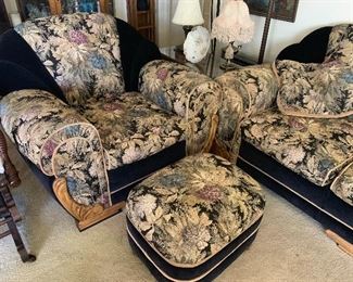 vintage sofa set with footstool in perfect condition with art deco fabric