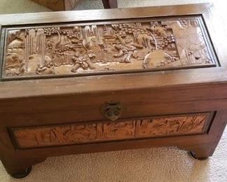 vintage carved cedar chest from Vietnam