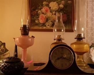 oil lamps, old table clock