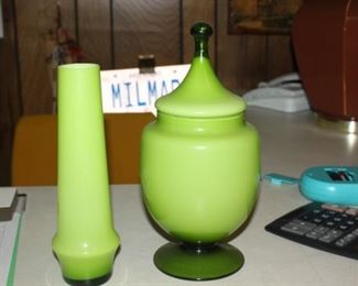 1950's green glass with milk glass interior urn and flower vase.  Impeccable condition. 