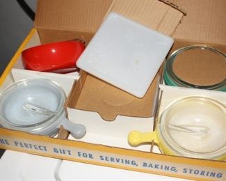 Ovensafe glassware soup terrines with 4 bowls, 4 lids and 4 square coasters.  In original box from 1950's never used. 