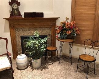 several antique crocks, cute small bistro set