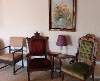 Antique Victorian velvet accent chairs-Floral Painting