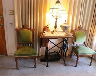 Victorian velvet chairs – antique sewing machine