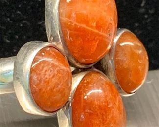 006 Silver  Orange Polished Stone Ring  Earrings