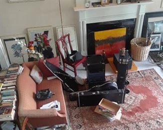 Sofa, rug, red lacquer Chippendale style chair