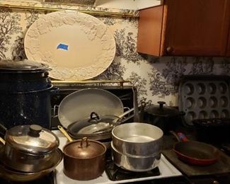Platters, pots, pans, skillets, copper, cast iron, etc