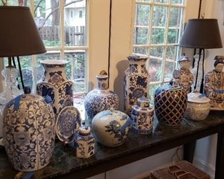 Huge selection of blue and white vases, jars, figurines, crystal lamps, 