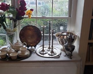 Teaset from Williams Sonoma, floral arrangement of silk flowers, silverplate