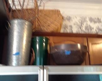 Galvanized bucket, baskets, copper bowls