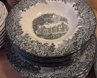 Plates and soup bowls in black transferware,  Wedgwood Queensware