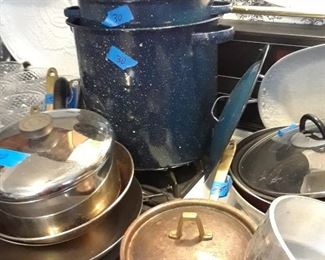 Granite ware pots, copper cookware, and Revere cookware