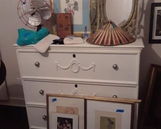 Painted, 3 drawer chest, fan, framed art, purses, mirror, and more