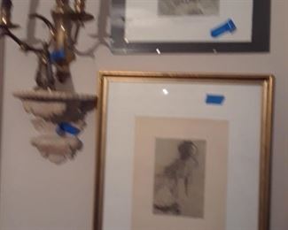 Framed art and sconces