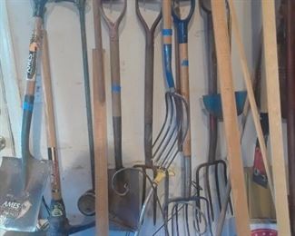 Tools, hoes, shovels, pitchforks, etc.