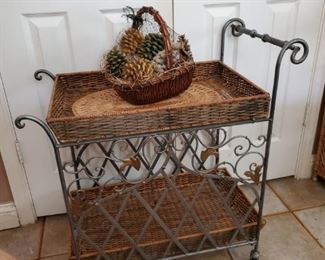 METAL TEACART with RATTAN TRAYS