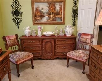 9-DRAWER DREXEL SOLID WOOD DRESSER or SERVER....2 VICTORIAN PARLOR CHAIRS (PART of a SET)....VICTORIAN WASHSTAND PIECES...RS PRUSSIA PITCHER...OIL on CANVAS LANDSCAPE PAINTING