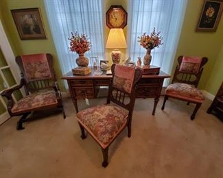 VICTORIAN PLATFORM ROCKER...2 MATCHING VICTORIAN PARLOR CHAIRS...DREXEL FRENCH STYLE WRITING DESK with BLACK LEATHER TOP...ORIENTAL LAMP, VASES, SWAN FIGURINES, CARVED WOOD BOXES