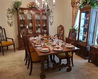 DREXEL DINING TABLE, CHAIRS, CHINA CABINET....LIGHTED CURIO CABINET with MIRROR BACK...CHINA & CRYSTAL