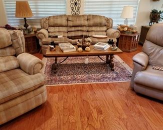 DREXEL  COFFEE TABLE...RUG...RECLINERS....POWER RECLINING SOFA....HEXAGONAL LAMP TABLES WITH SLATE TOPS
