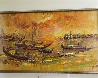 MCM PAINTING that is artist signed "SHIPS IN HARBOR"